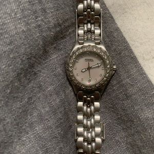 Silver Fossil Watch with Cubic Zirconia
